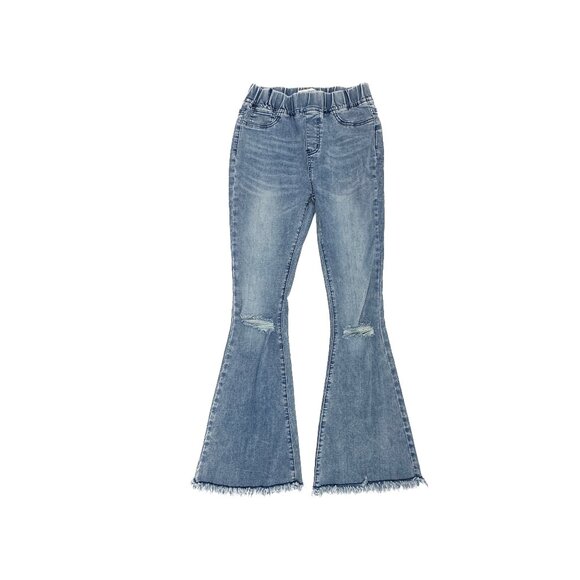 VIPONES Pull On Distressed Raw Hem Flare Women's size 6 Medium Blue Denim Jeans - Picture 1 of 4
